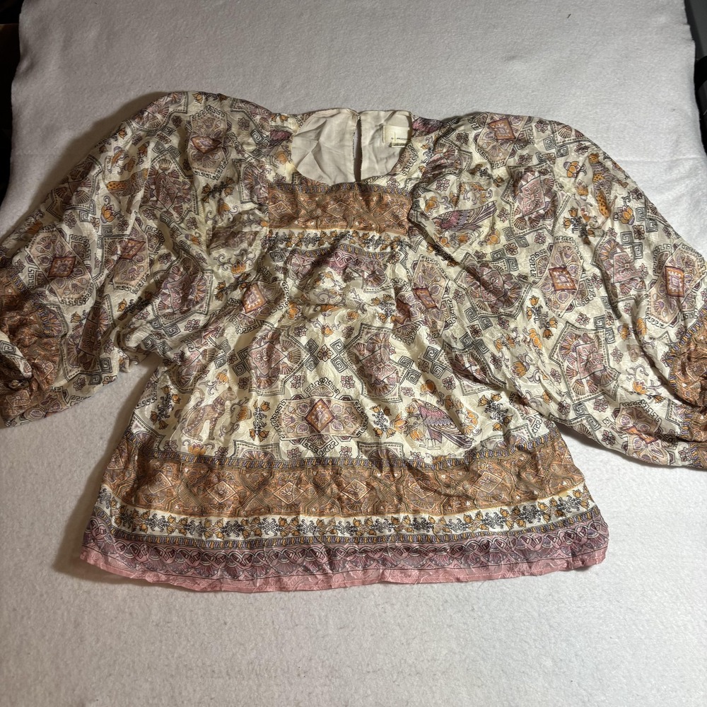 Anthropologie Blouse Womens Small Flora Silk Boho Peasant Top Long Sleeve